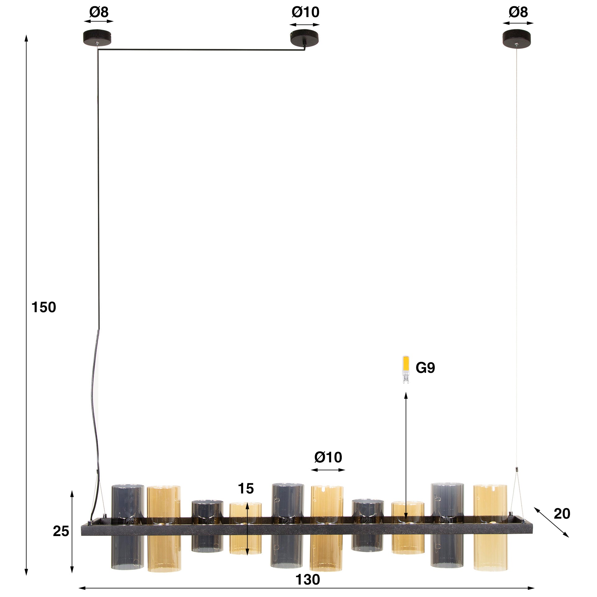 Hanglamp "Calivon" – 10 cilindervormige glazen kappen in barnsteen- en chroomlook