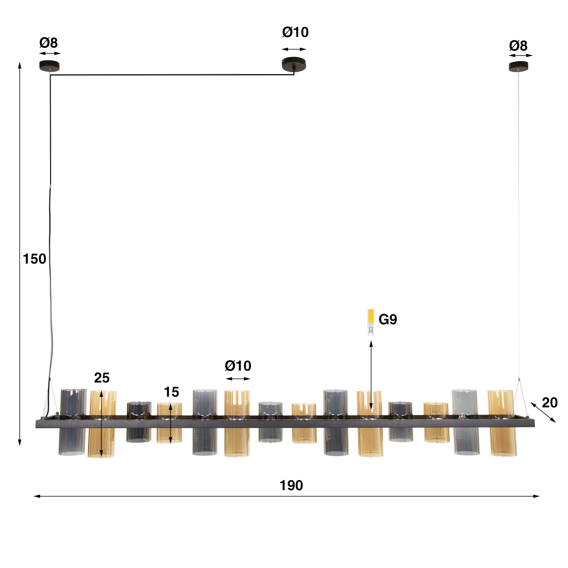 Hanglamp "Melvira" – 14 cilindrische glazen kappen in amber- en chroomlook
