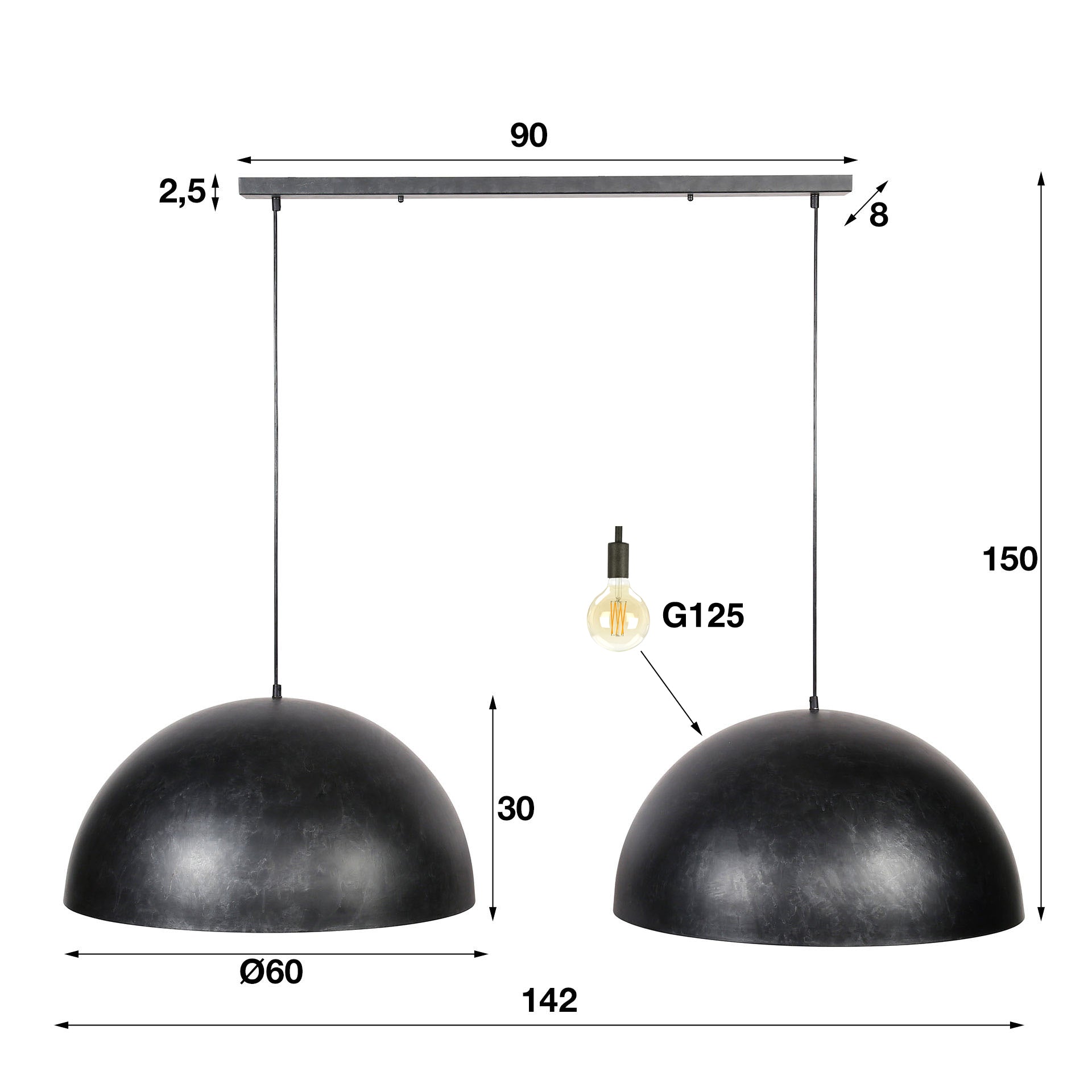 Hanglamp „Elandra“ – 2 lampen met 60 cm grote, koepelvormige lampenkappen in donkergrijs