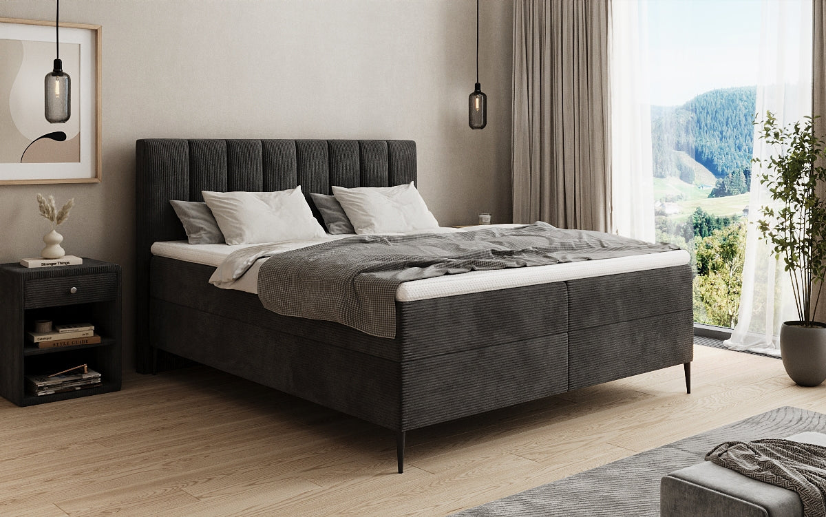 Boxspringbed Lucca in Ribstof met opbergruimte en poten