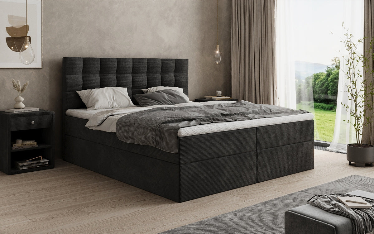 Boxspringbed Como in Ribstof met opbergruimte