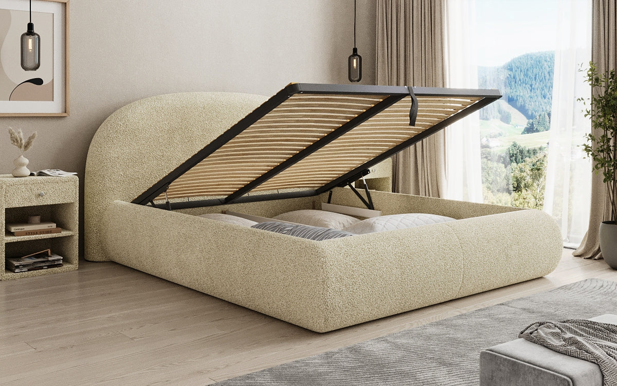 Designer gestoffeerd bed Loop in Teddystof Bouclé met opbergruimte