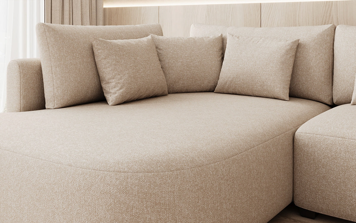 Designer hoekbank Ando met brede ottomane in structuurstof