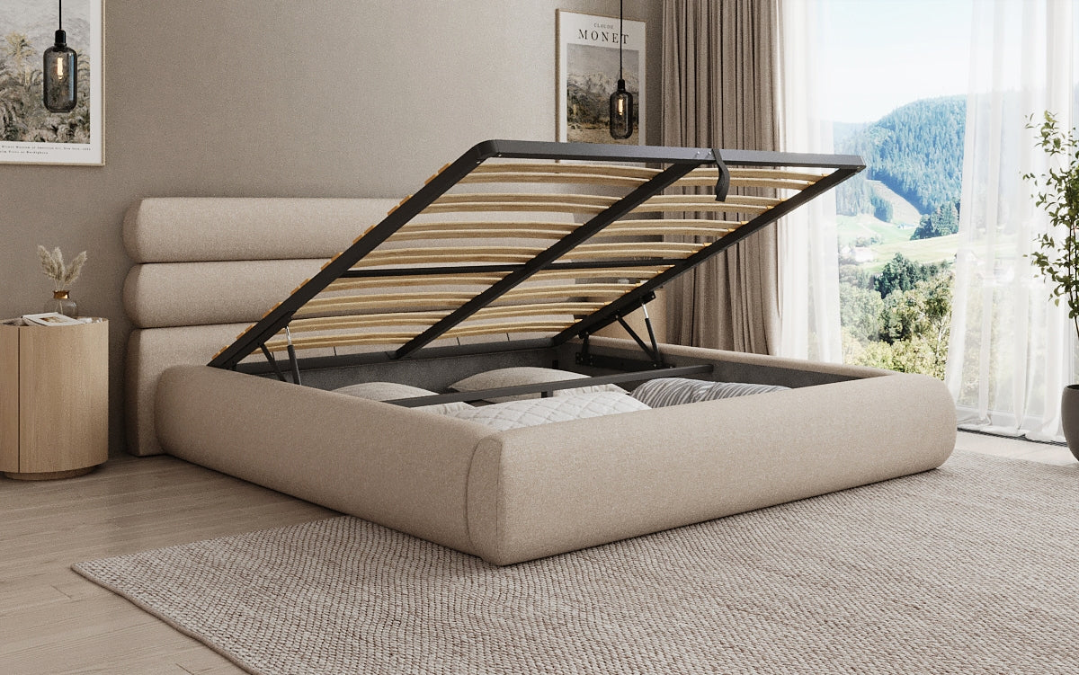 Designer gestoffeerd bed Joline in structuurstof met opbergruimte