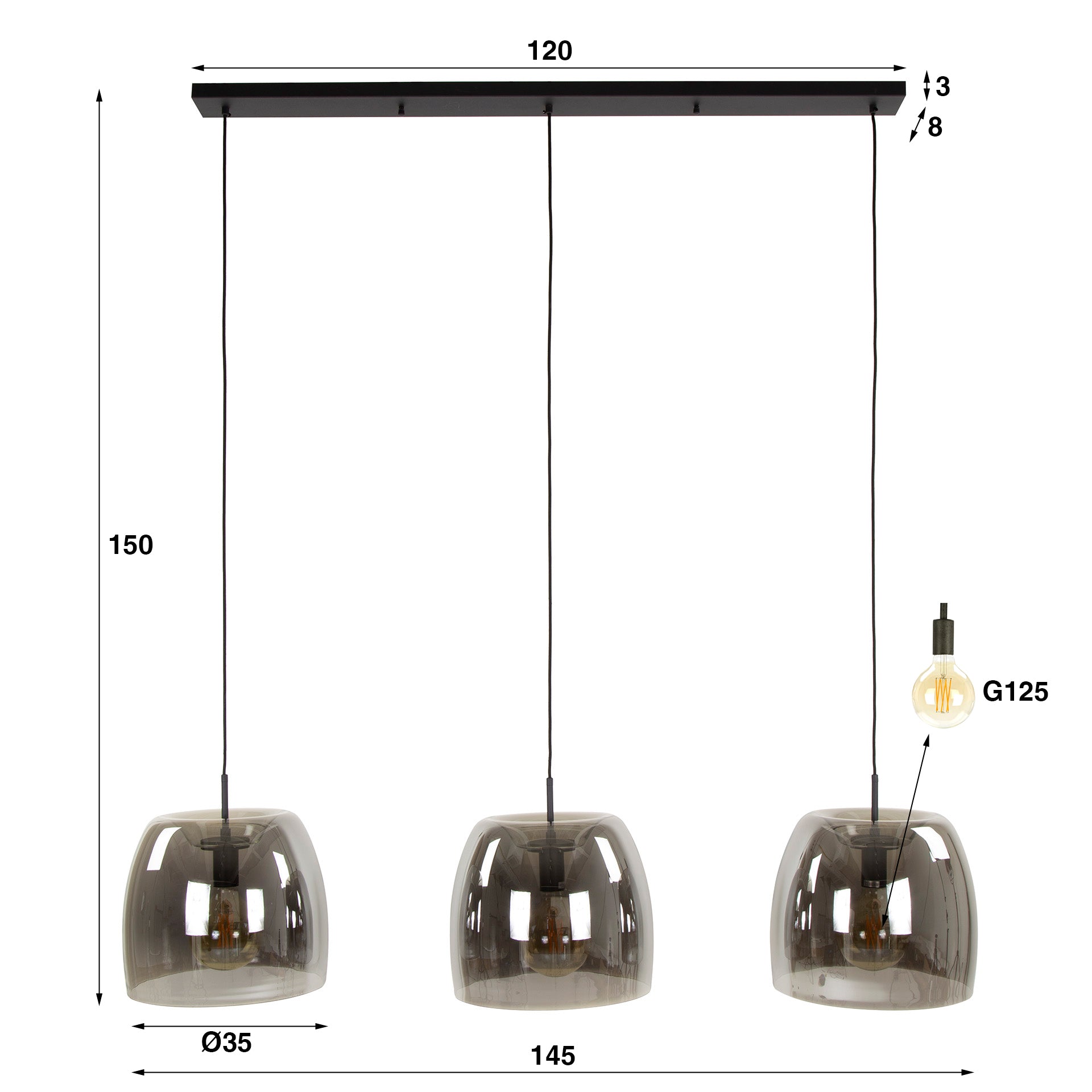 Hanglamp „Cirella“ – 3 lampen met grote lampenkappen van chroomglas