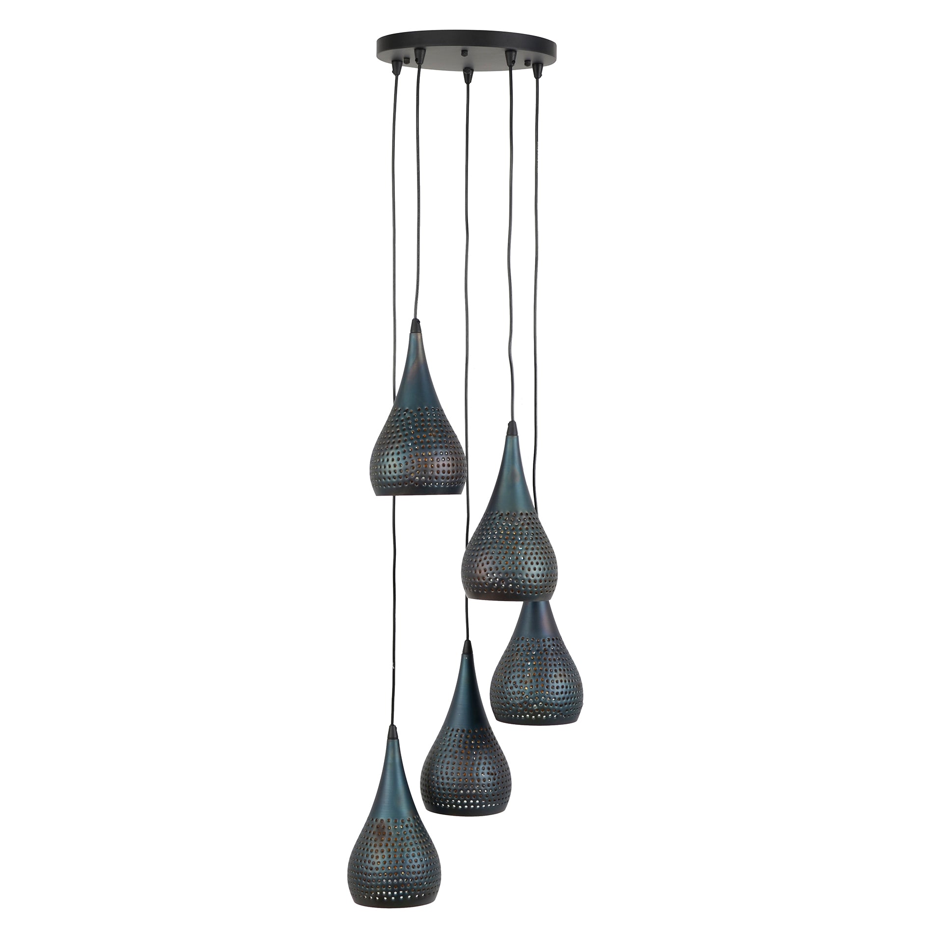 Hanglamp "Calira" – Gelaagd met 5 geperforeerde lampenkappen van Metaal in zwart-brons
