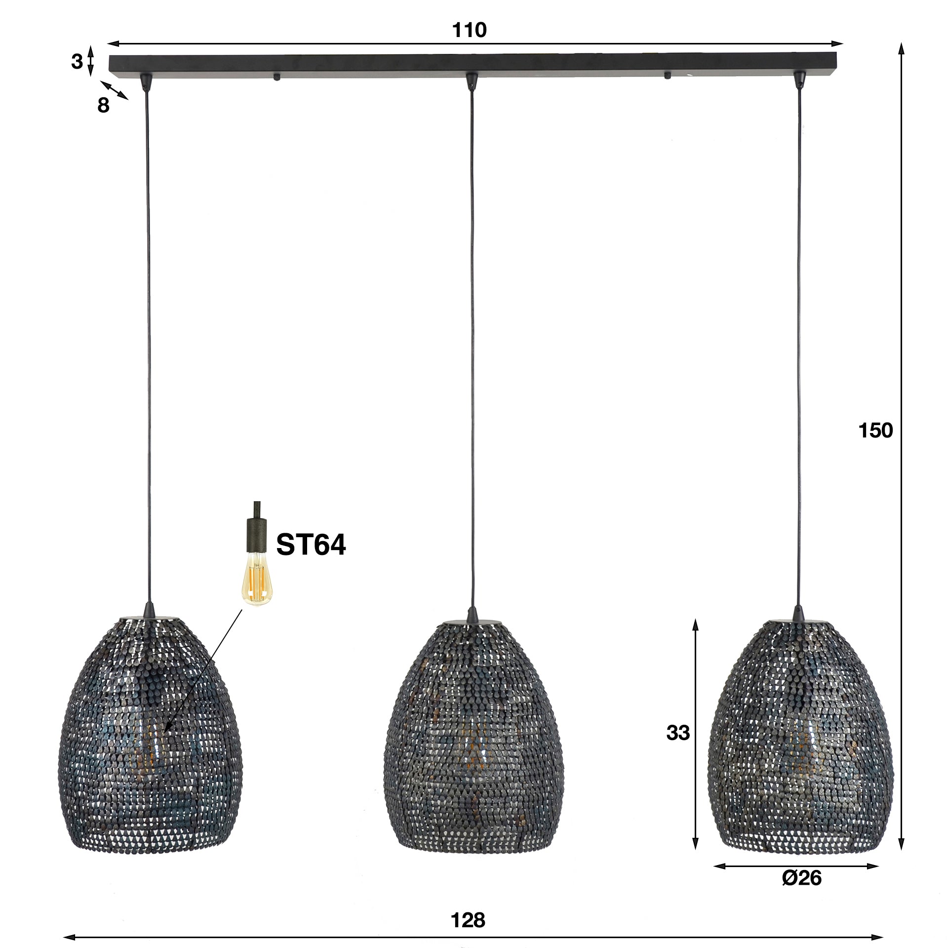 Hanglamp "Lumeya" – Met 3 geperforeerde, met de hand gemaakte lampenkappen van Metaal in zwart-brons