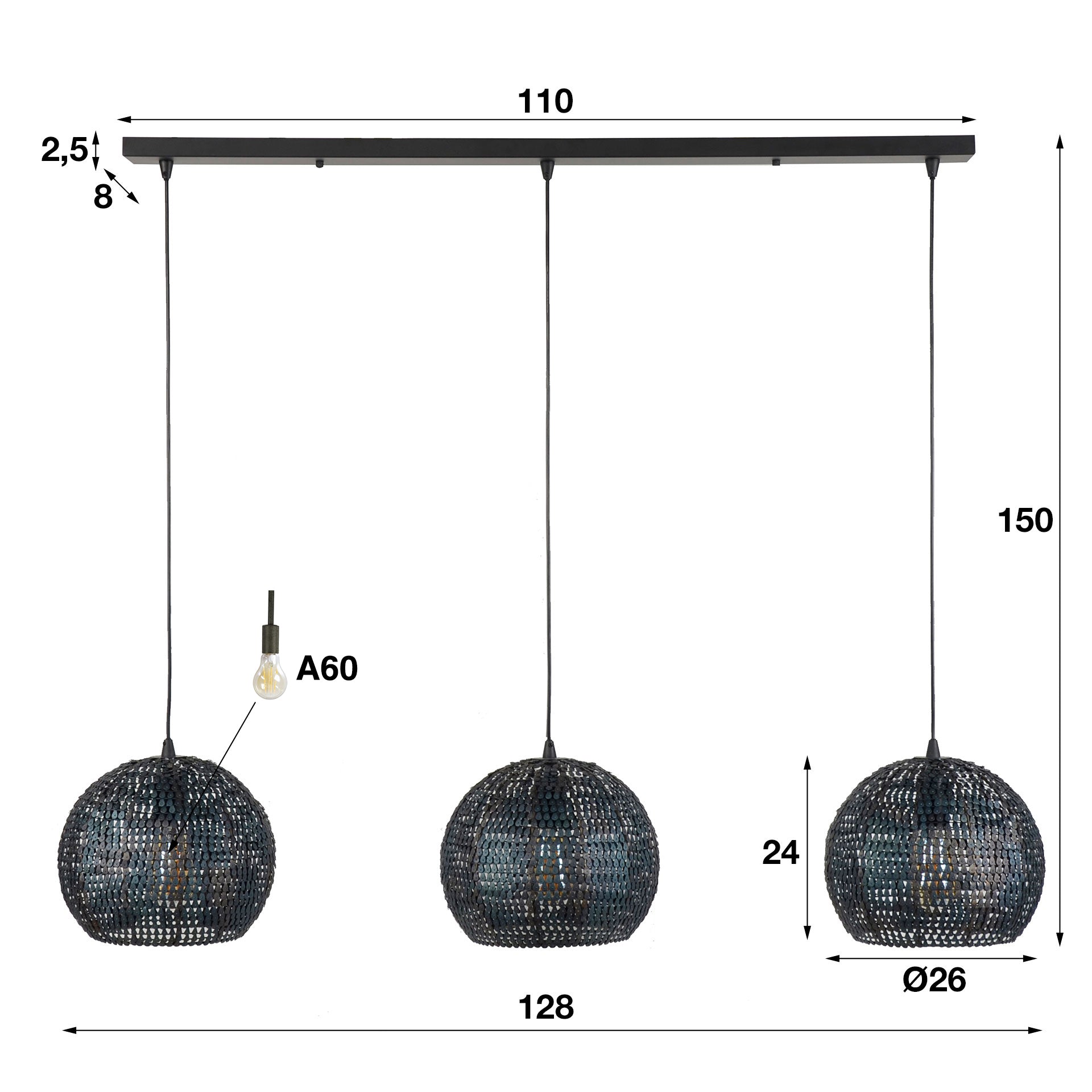 Hanglamp "Coralis" – Met 3 ronde, handgemaakte lampenkappen van Metaal in zwart-brons