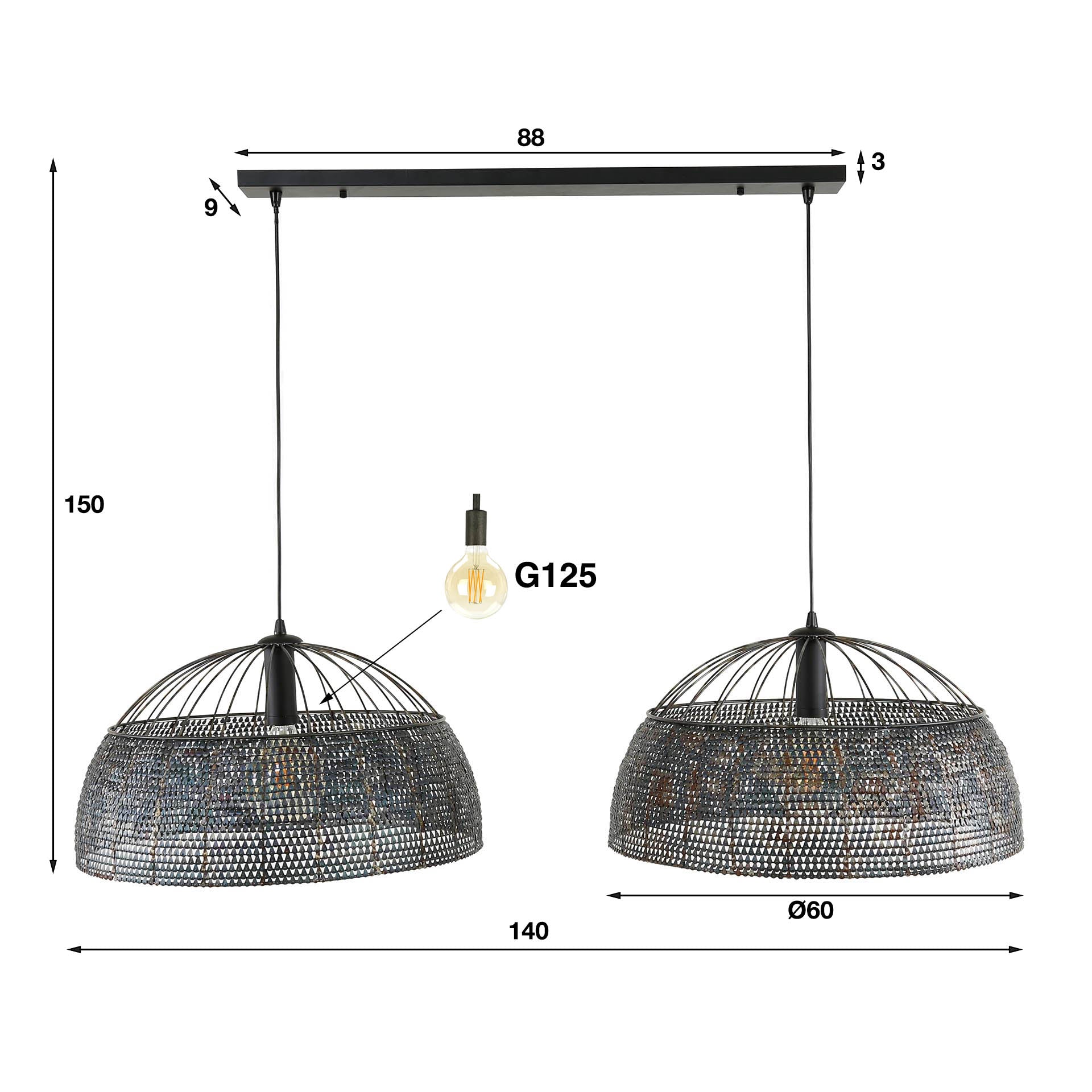 Hanglamp "Aurelion" – Met 2 handgemaakte, halfronde lampenkappen van Metaal in zwart-brons