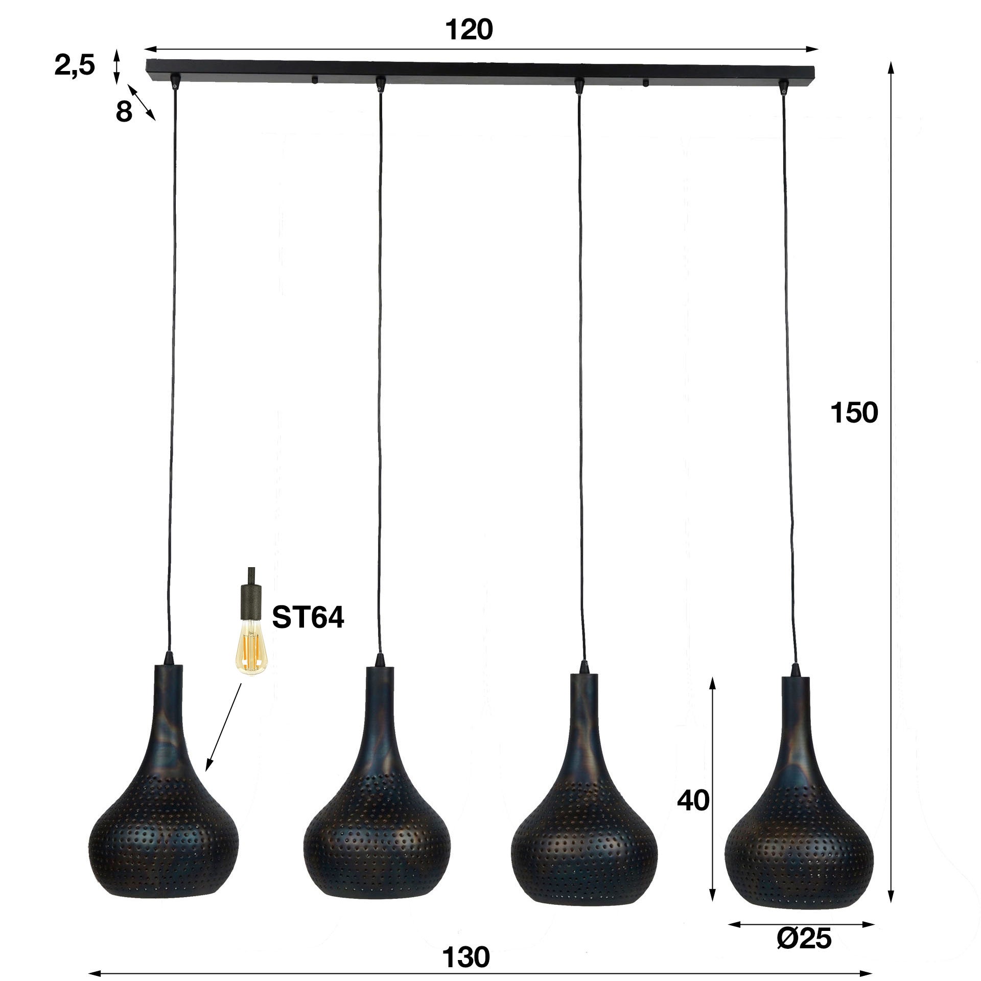 Hanglamp "Celora" – Met 4 conisch gevormde lampenkappen in zwartbruin