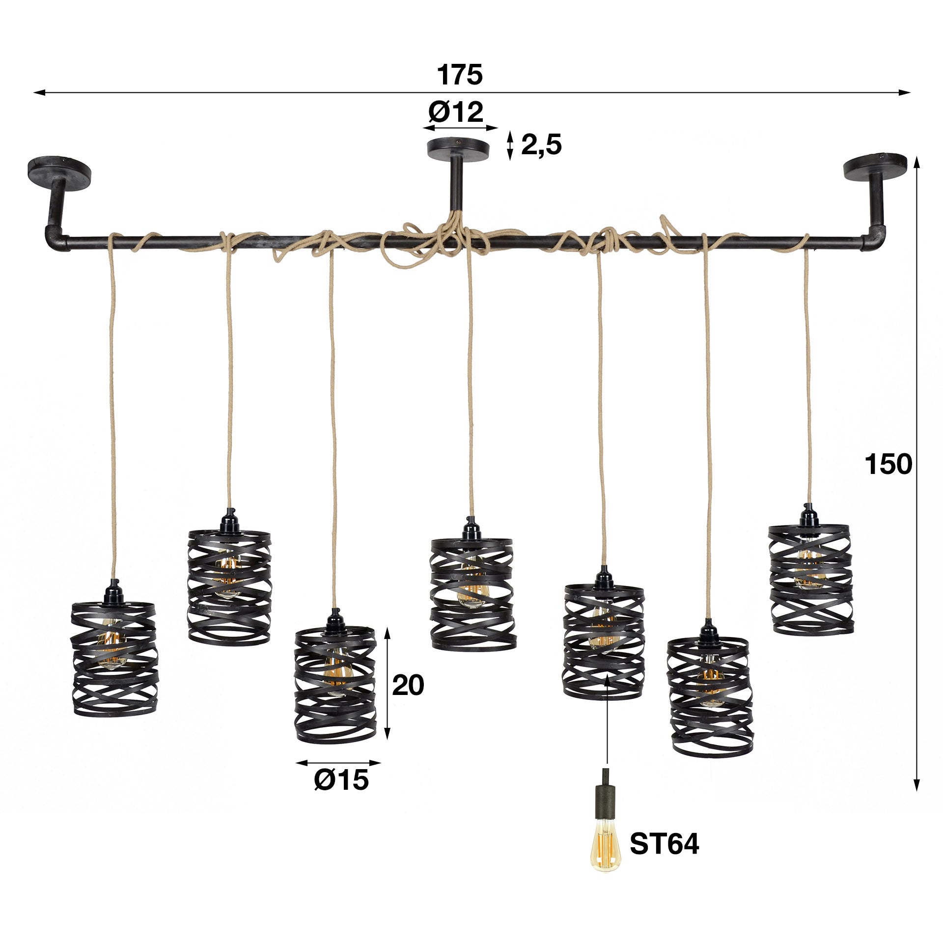 Hanglamp "Selvaris" – Met 7 spiraalvormige lampenkappen en industriële buis-plafondbevestiging