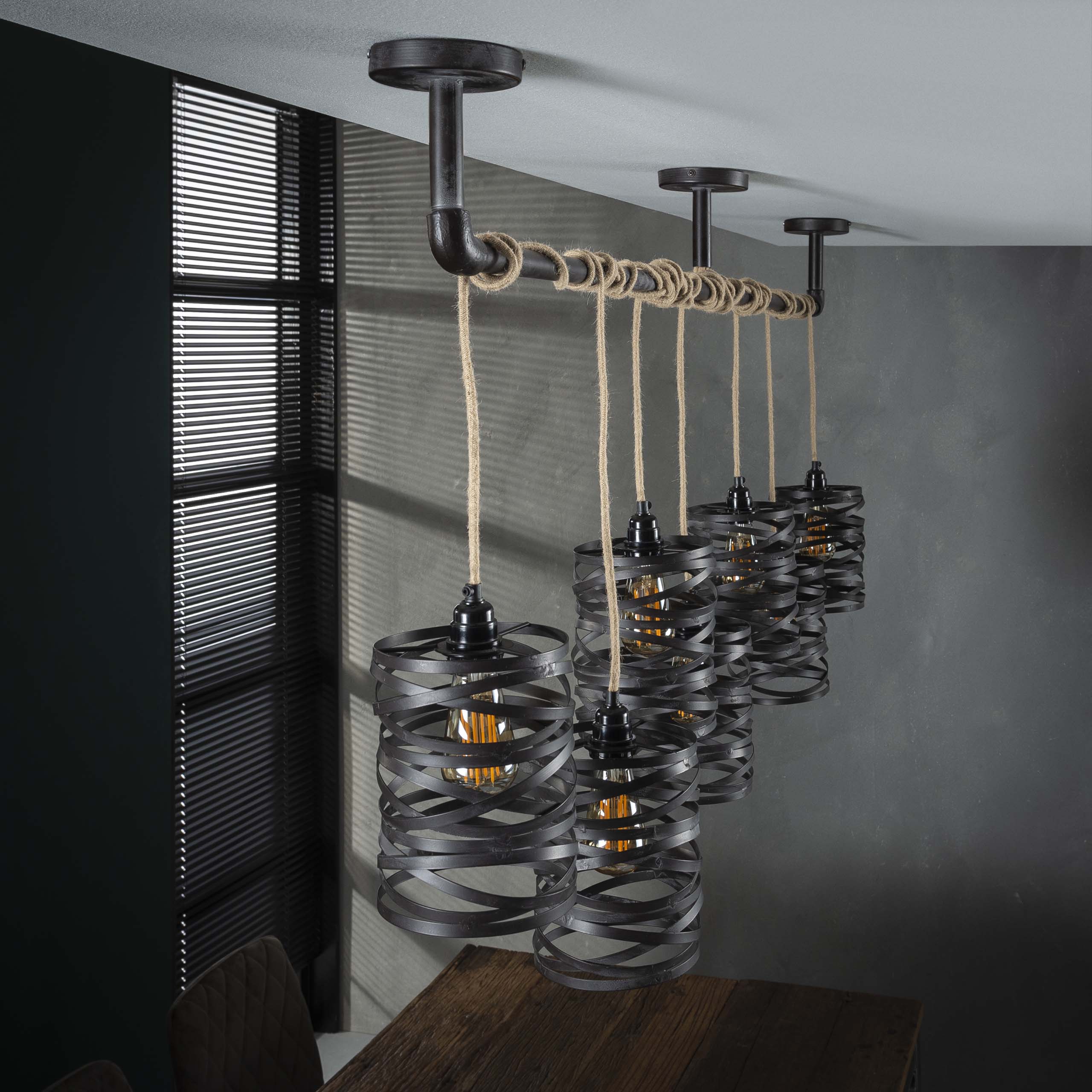 Hanglamp "Selvaris" – Met 7 spiraalvormige lampenkappen en industriële buis-plafondbevestiging