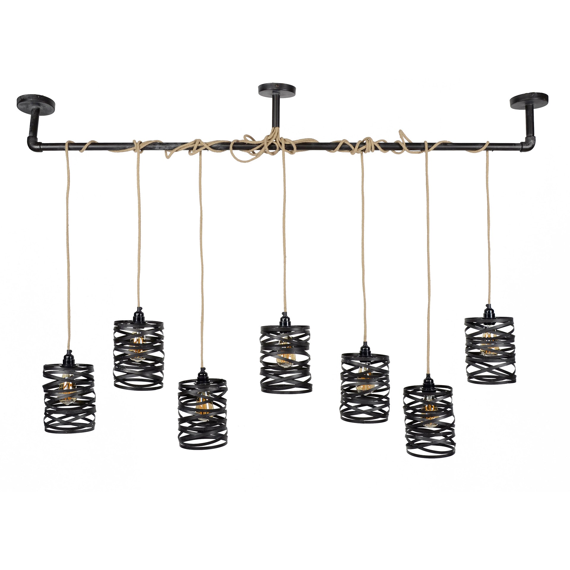 Hanglamp "Selvaris" – Met 7 spiraalvormige lampenkappen en industriële buis-plafondbevestiging