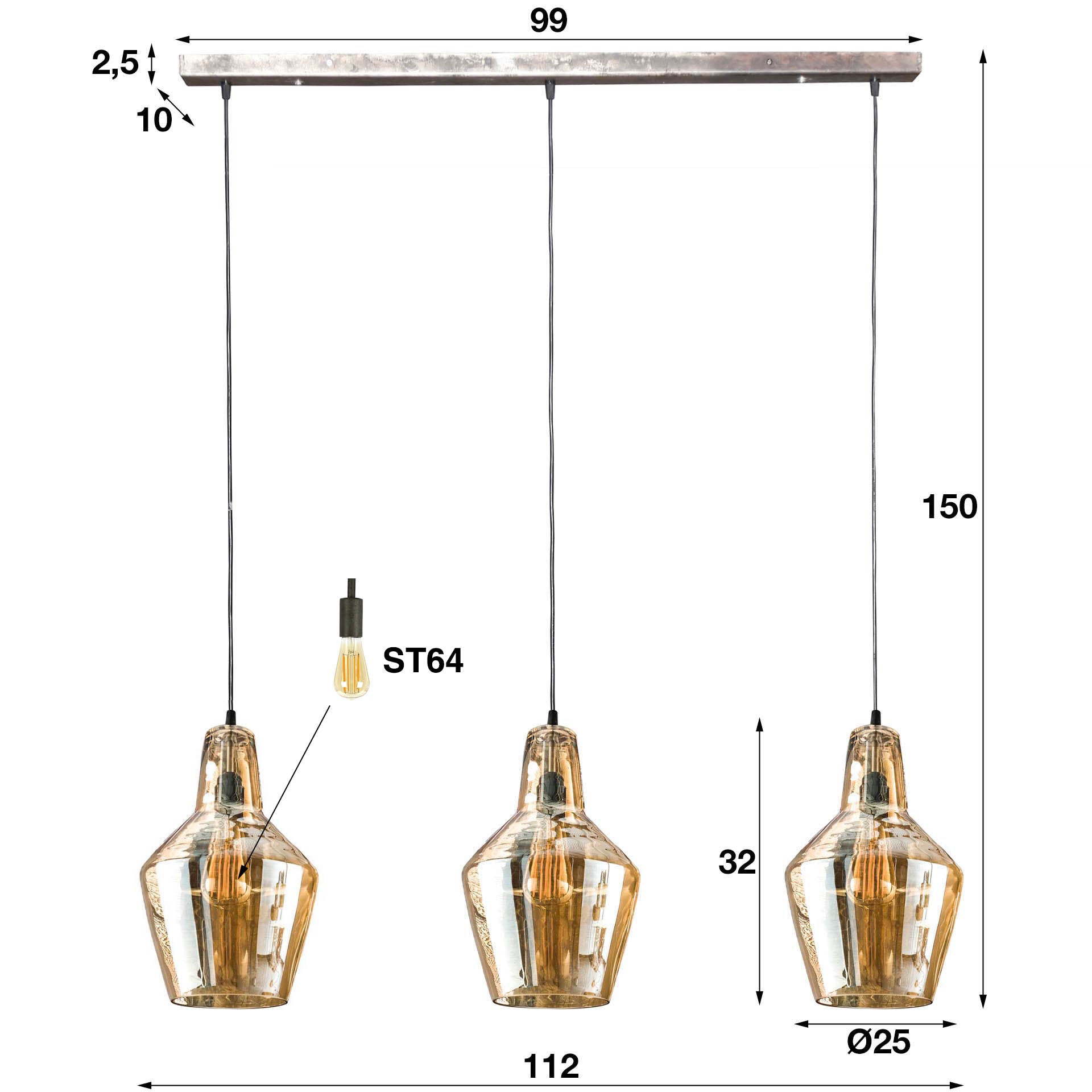 Hanglamp Virello – Kegelvormige glazen kapjes in oud-zilver (3-lichts)