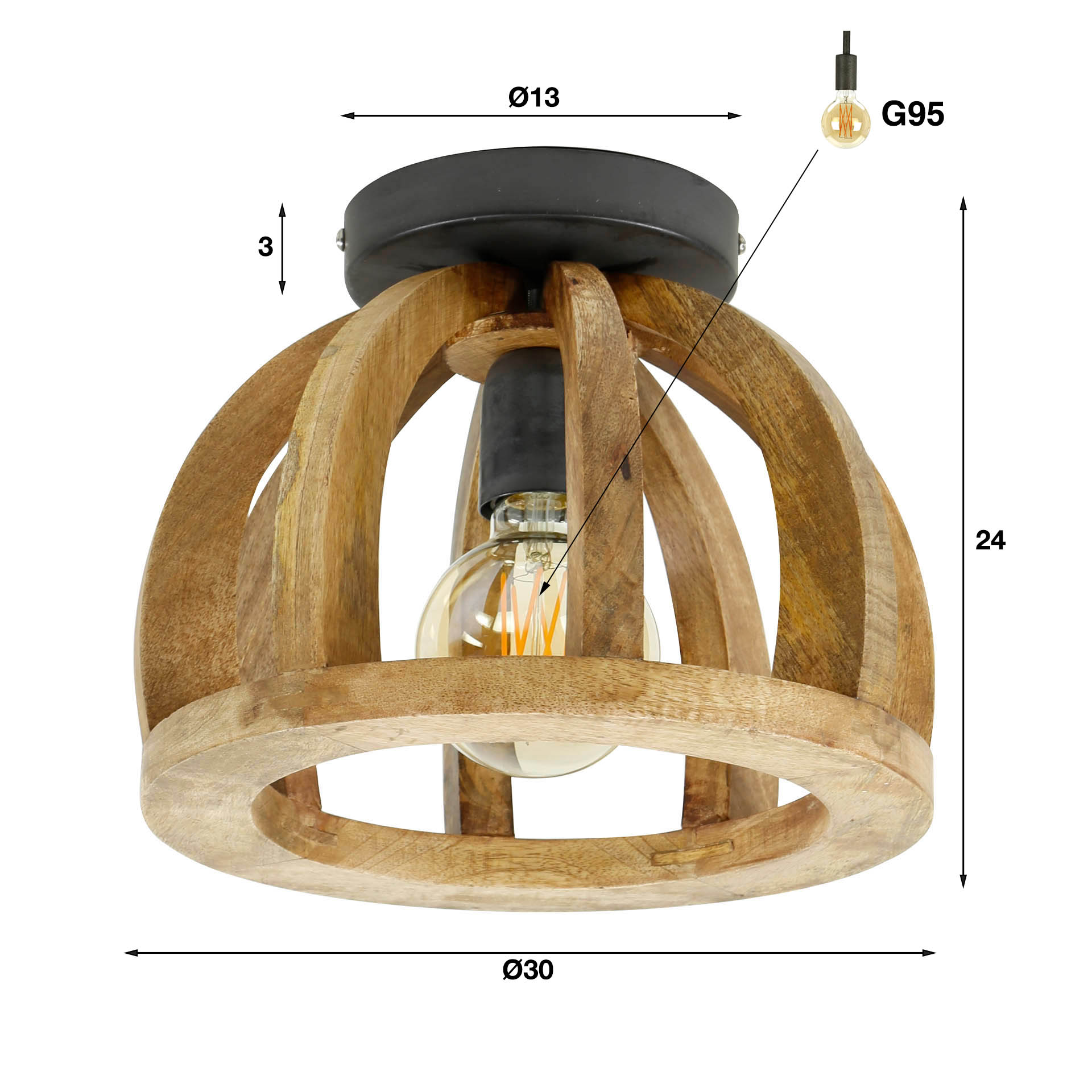 Plafondlamp „Selmo“ – Natuurlijke houten lamp van massief mangohout