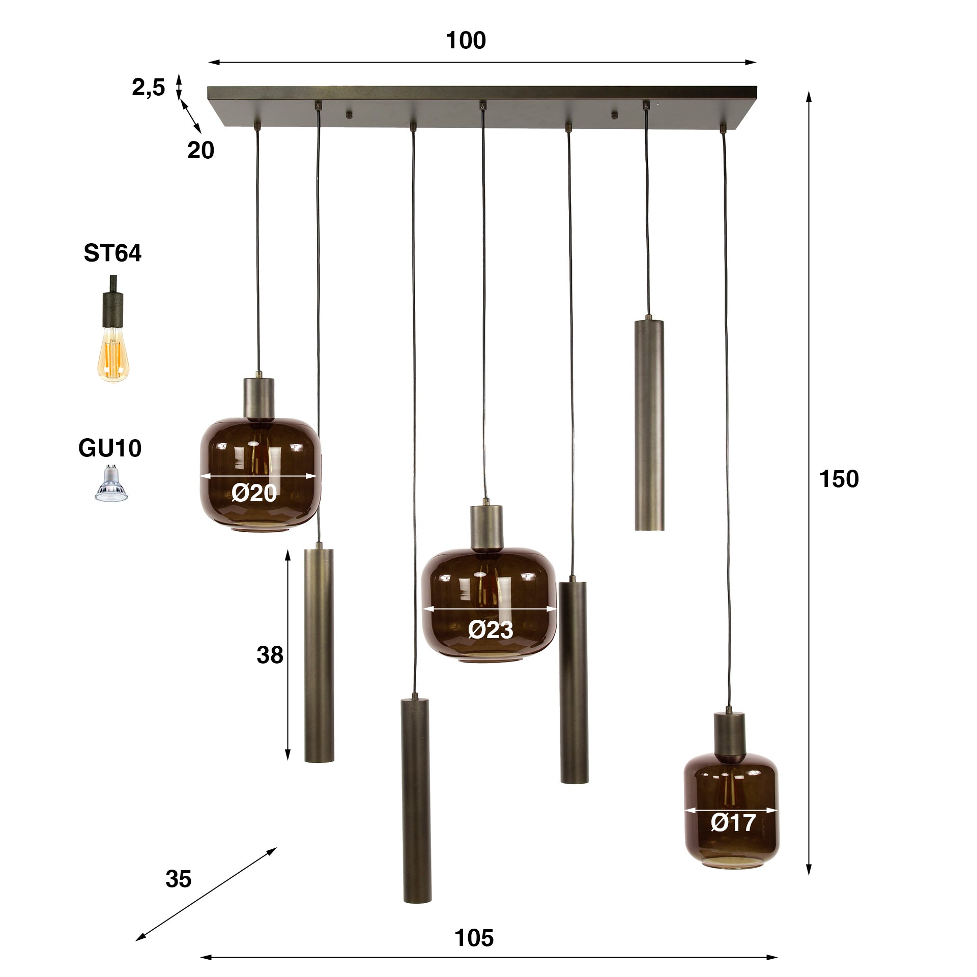 Hanglamp Sokka – 7 lampen met metalen en glazen kappen in Bruin