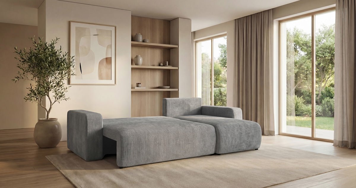 Designsofa Calva met slaap- en uitklapfunctie in Ribstof