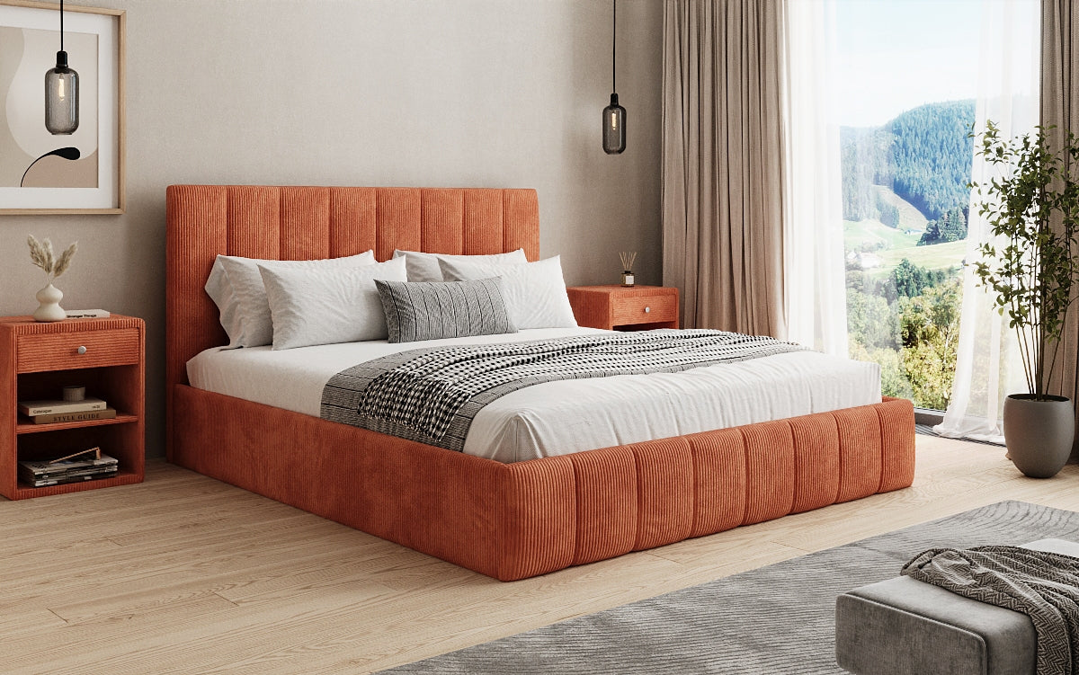 Designer gestoffeerd bed Mila in Ribstof met opbergruimte