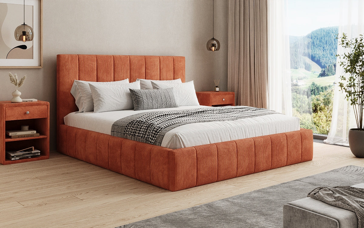 Designer gestoffeerd bed Maja in Ribstof met opbergruimte