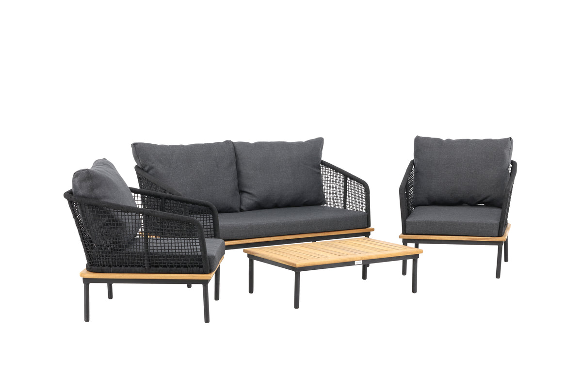 Tuin Loungeset Malina – met houten details, gevlochten touw & grijze kussens