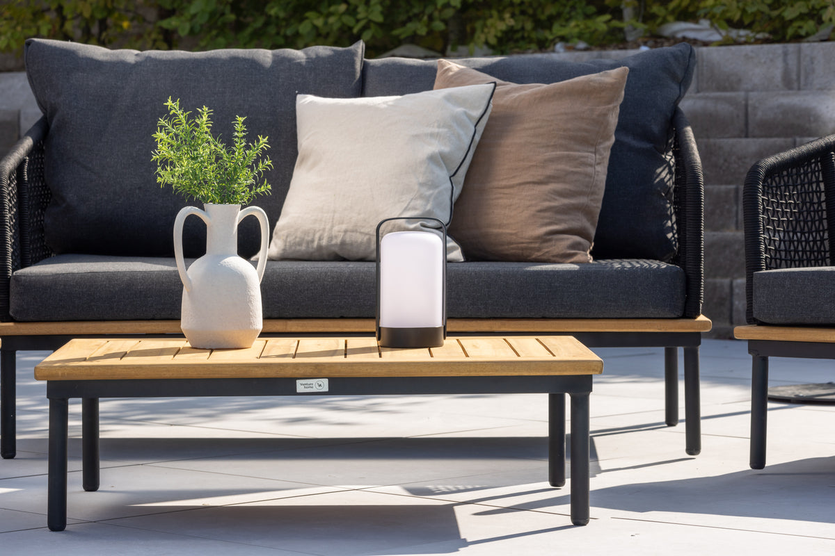 Tuin Loungeset Malina – met houten details, gevlochten touw & grijze kussens