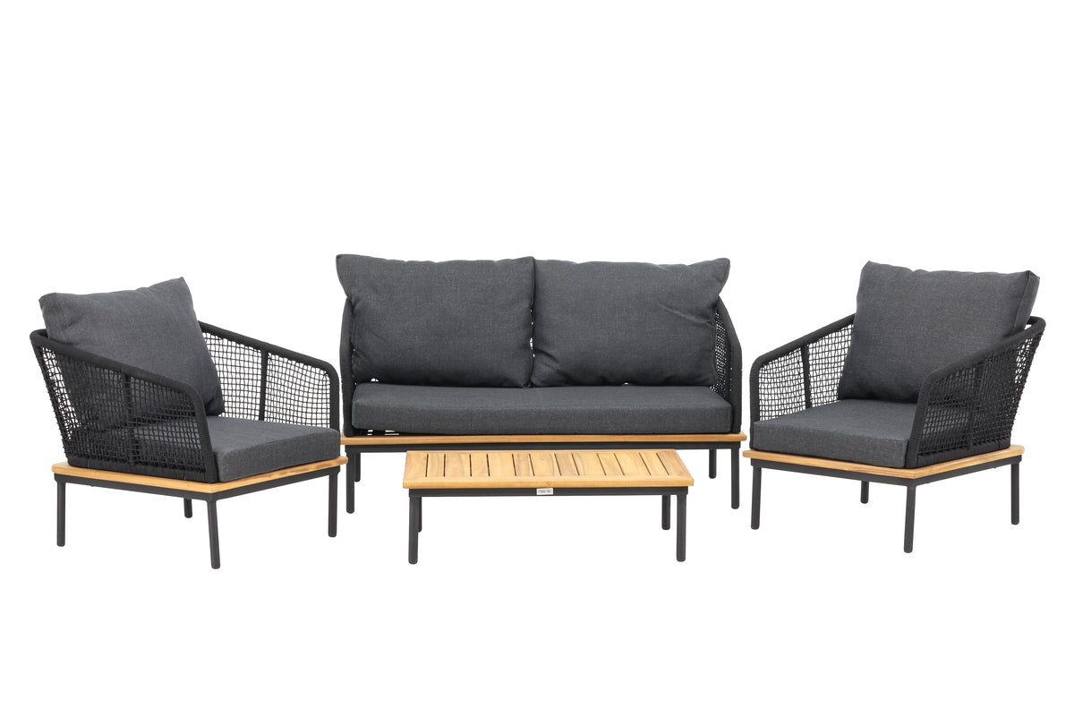 Tuin Loungeset Malina – met houten details, gevlochten touw & grijze kussens
