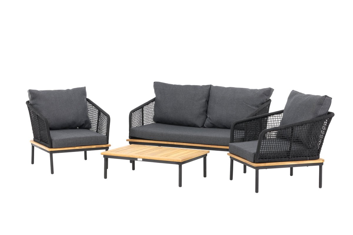 Tuin Loungeset Malina – met houten details, gevlochten touw & grijze kussens