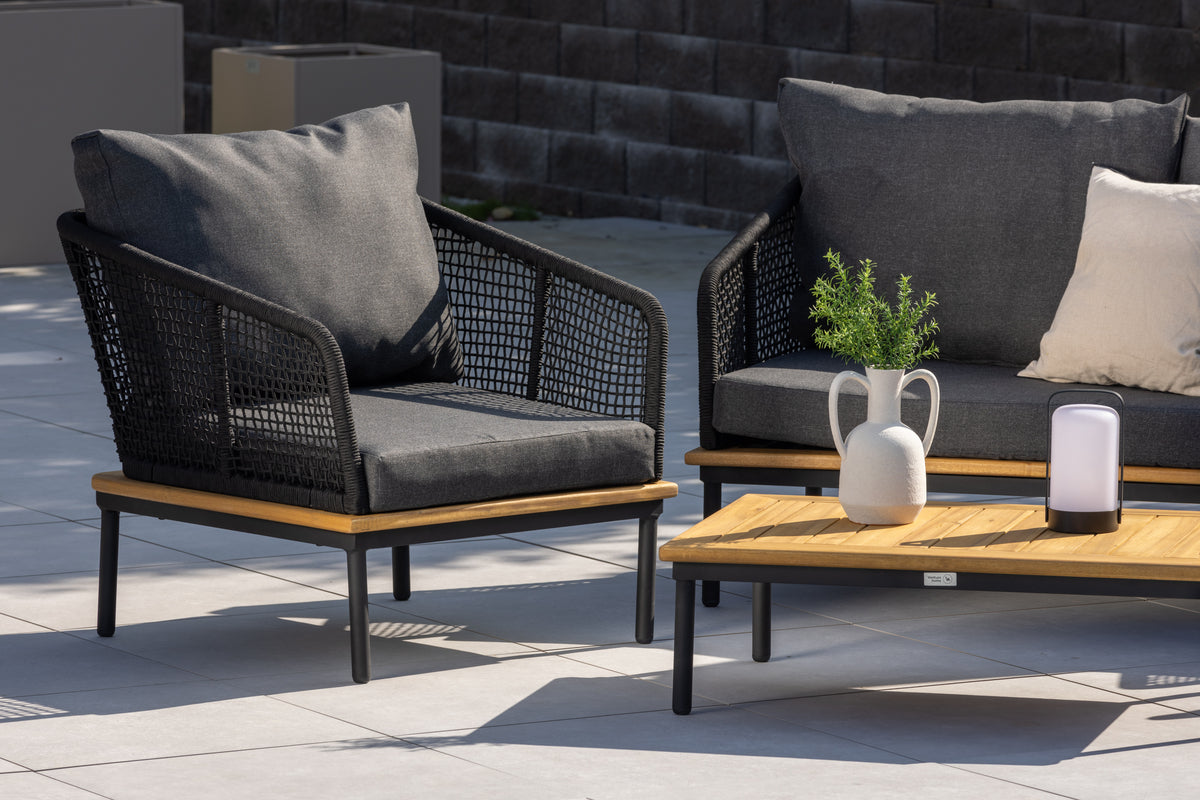 Tuin Loungeset Malina – met houten details, gevlochten touw & grijze kussens