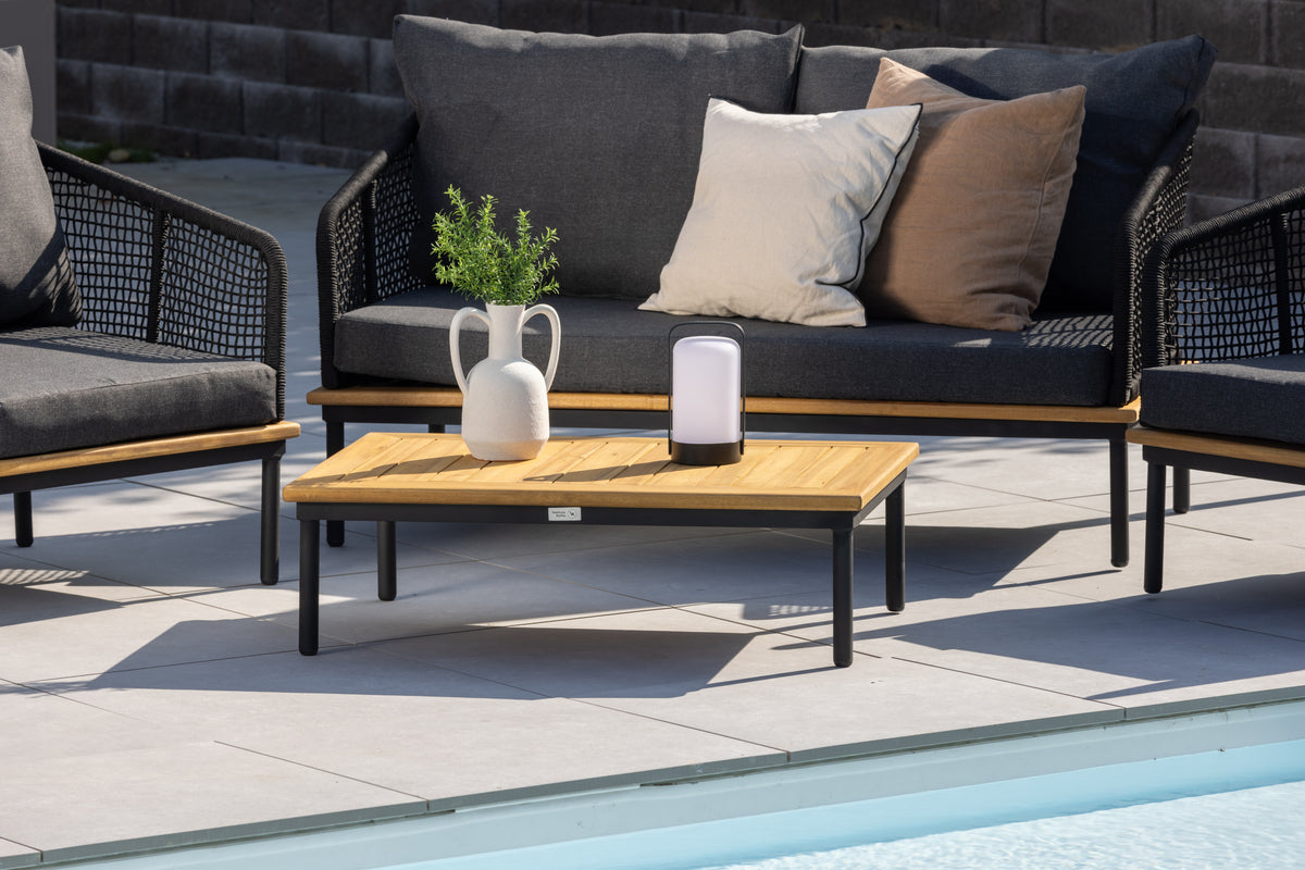 Tuin Loungeset Malina – met houten details, gevlochten touw & grijze kussens