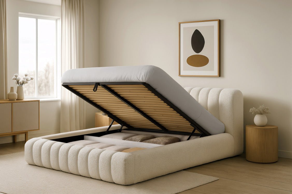 Designer gestoffeerd bed Selene Bouclé met opbergruimte