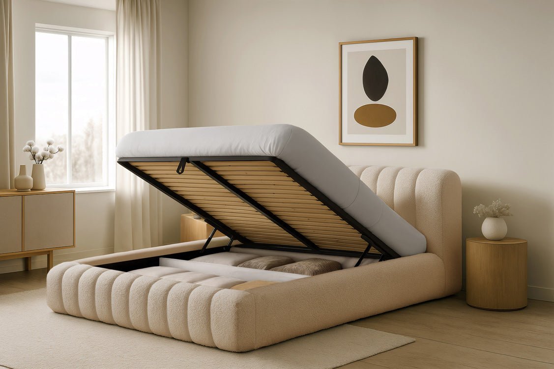 Designer gestoffeerd bed Selene Bouclé met opbergruimte