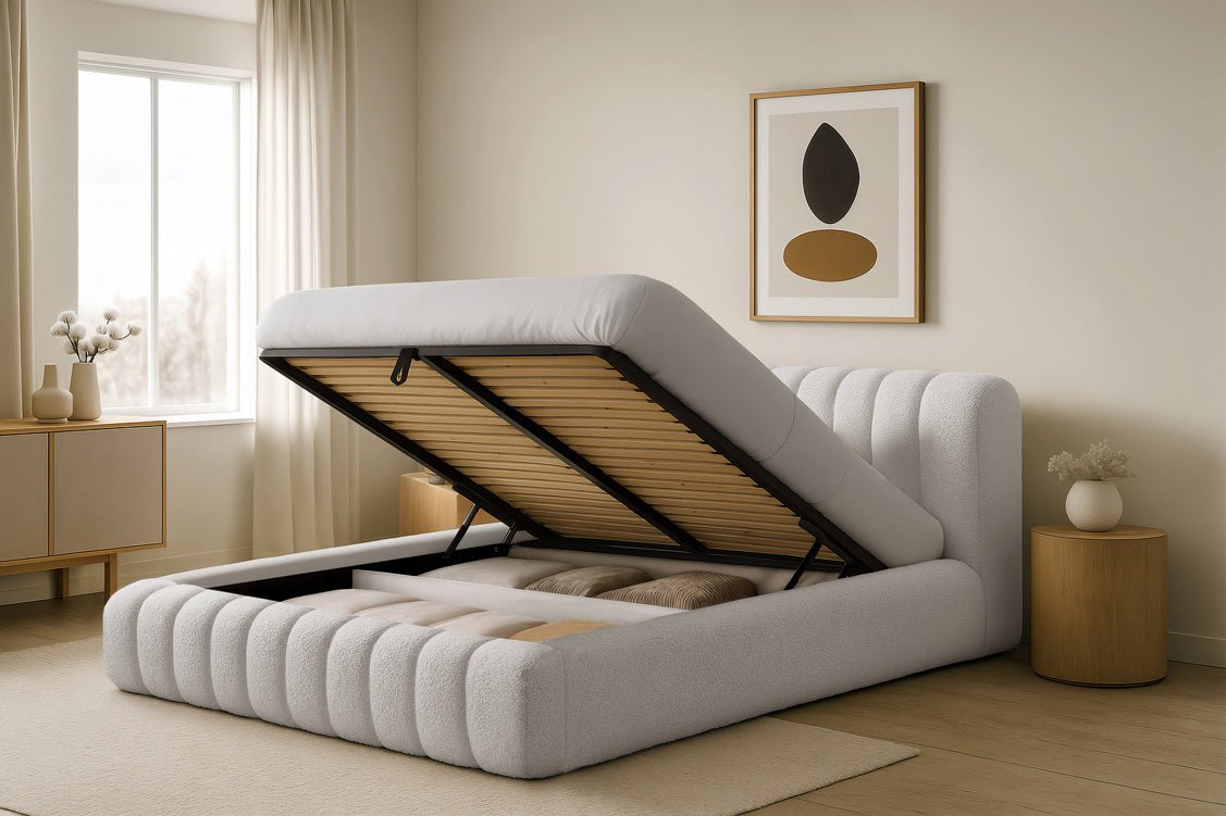 Designer gestoffeerd bed Selene Bouclé met opbergruimte