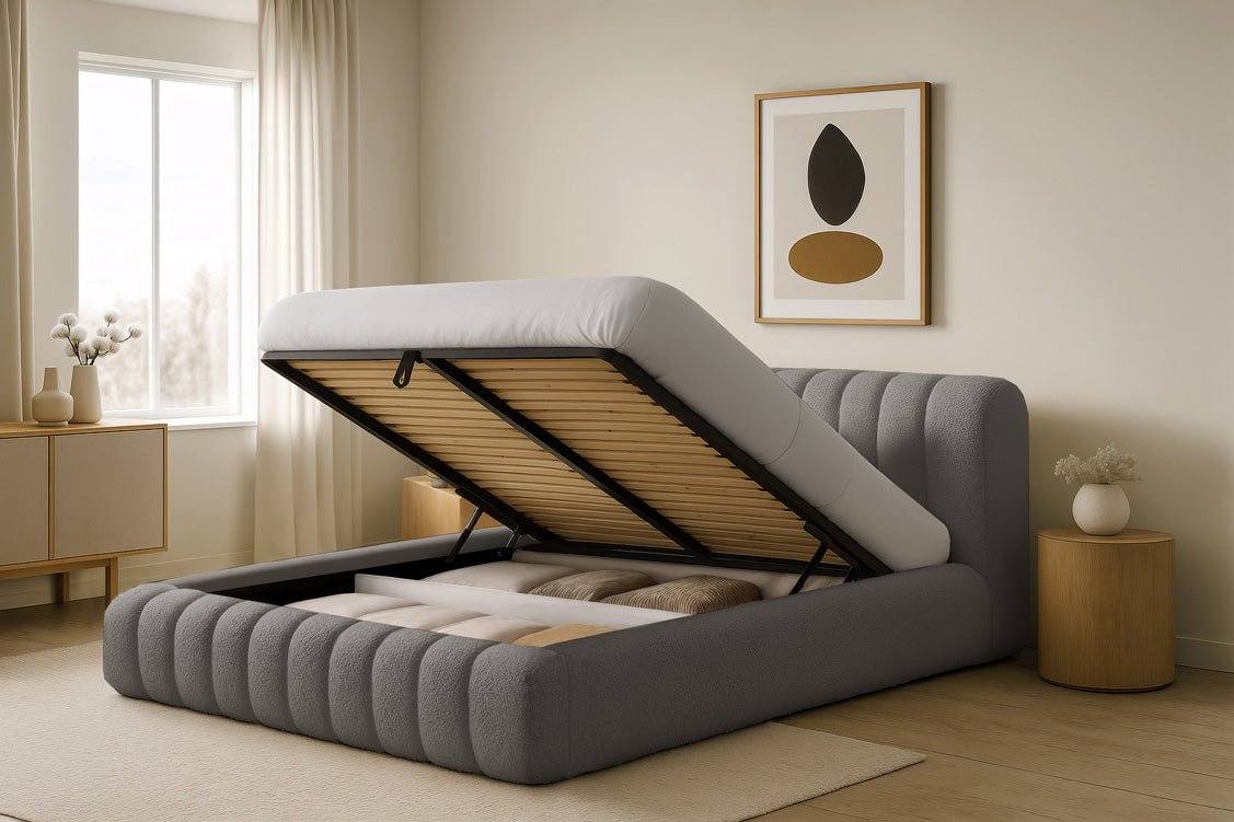 Designer gestoffeerd bed Selene Bouclé met opbergruimte