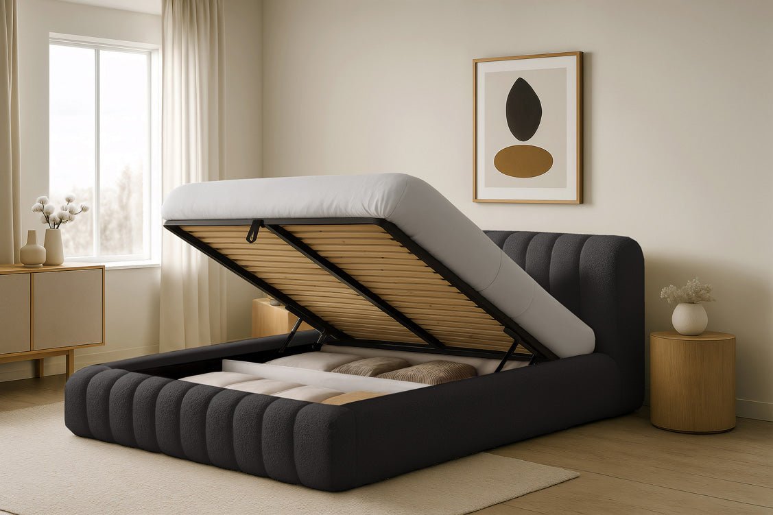 Designer gestoffeerd bed Selene Bouclé met opbergruimte