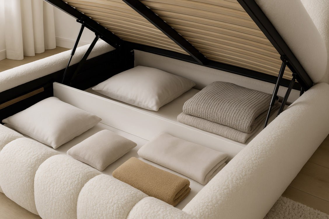 Designer gestoffeerd bed Selene Bouclé met opbergruimte