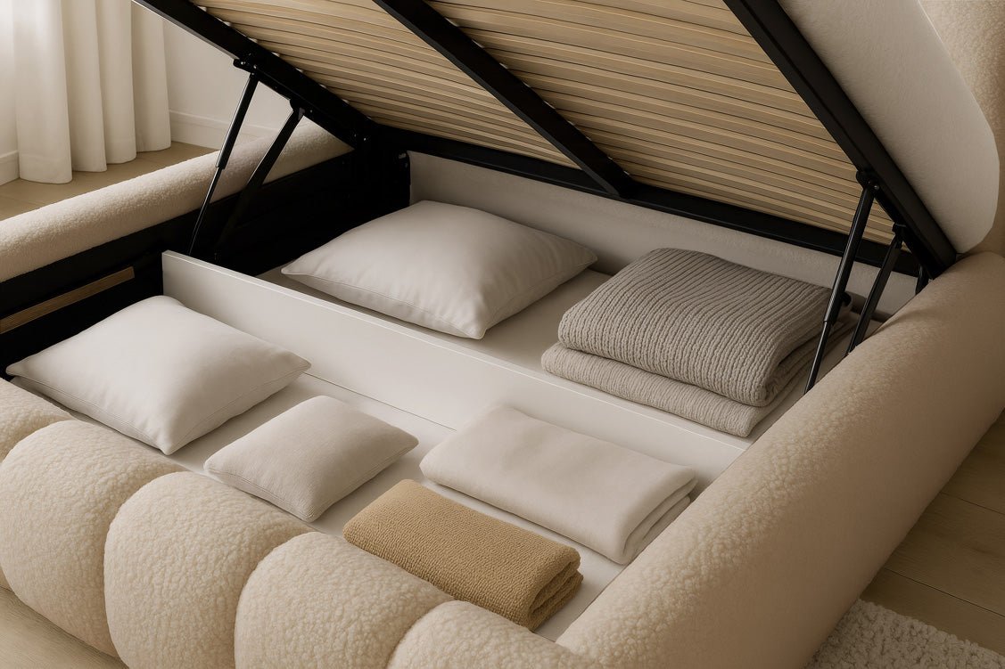 Designer gestoffeerd bed Selene Bouclé met opbergruimte
