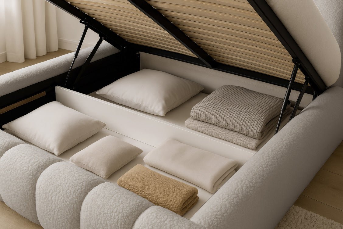 Designer gestoffeerd bed Selene Bouclé met opbergruimte