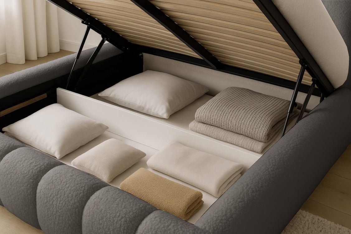 Designer gestoffeerd bed Selene Bouclé met opbergruimte