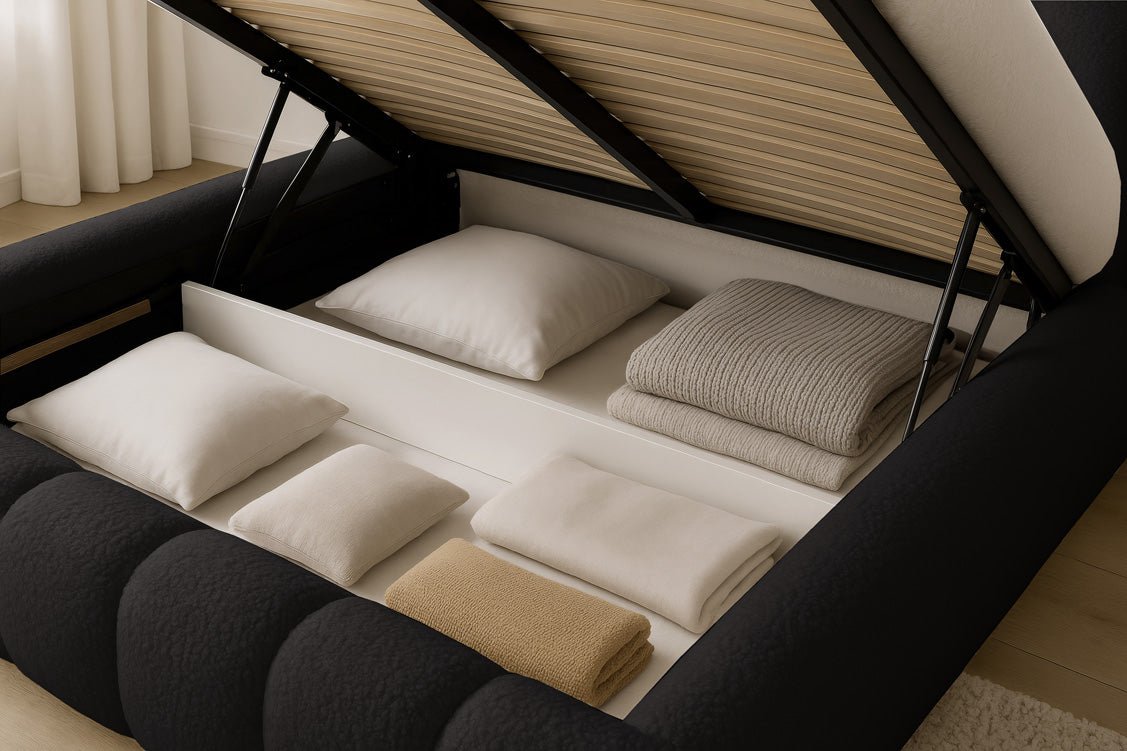 Designer gestoffeerd bed Selene Bouclé met opbergruimte