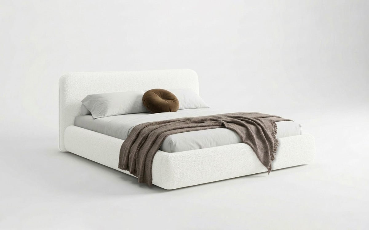 Design gestoffeerd bed Arosa in Bouclé met opbergruimte