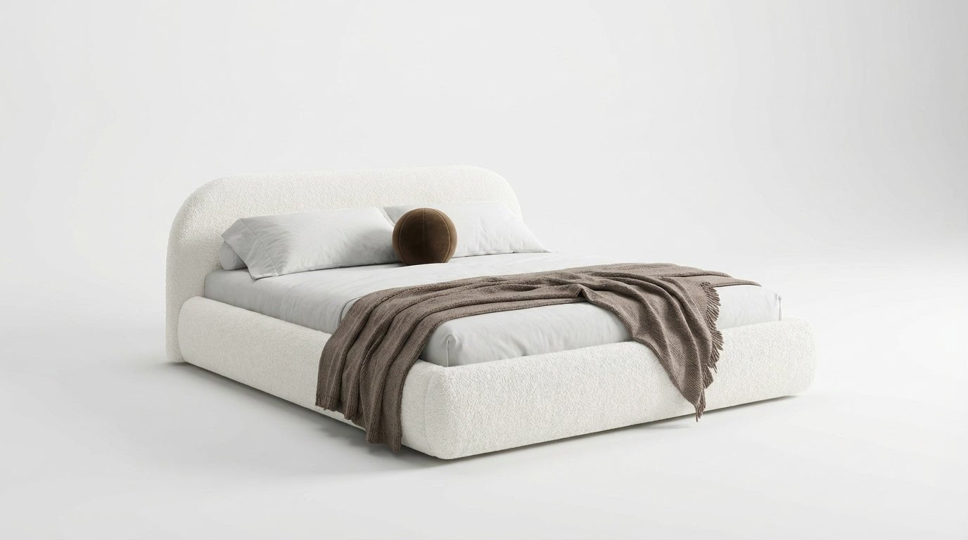 Design gestoffeerd bed Luma in Bouclé met opbergruimte