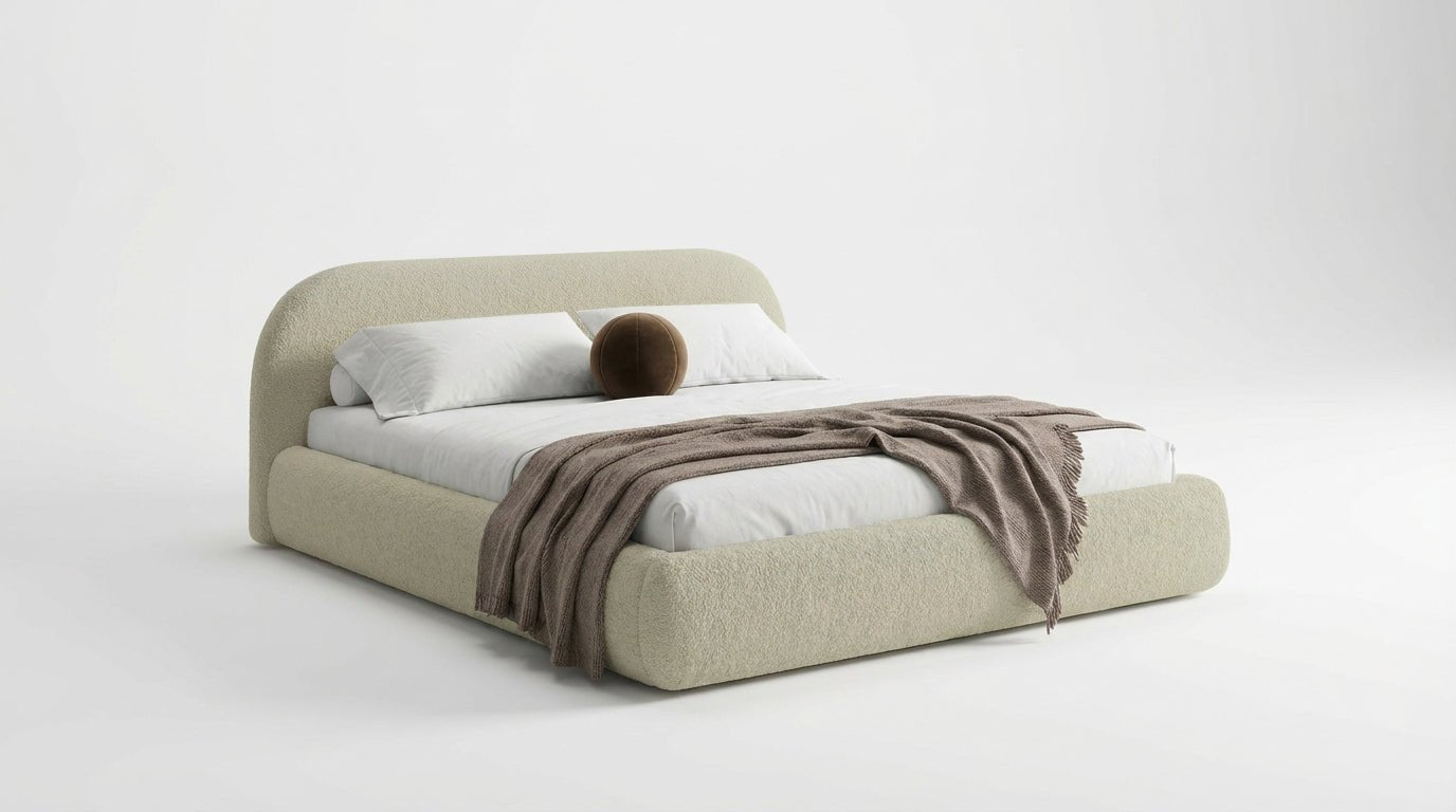 Design gestoffeerd bed Luma in Bouclé met opbergruimte