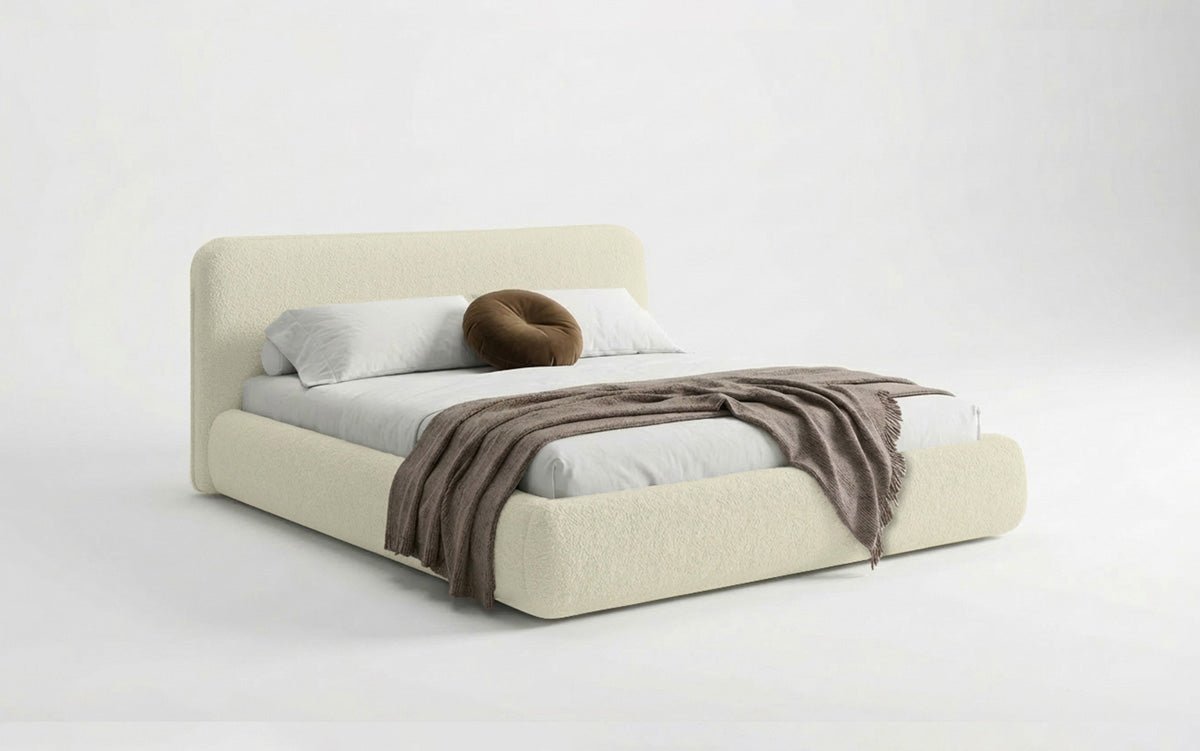 Design gestoffeerd bed Arosa in Bouclé met opbergruimte
