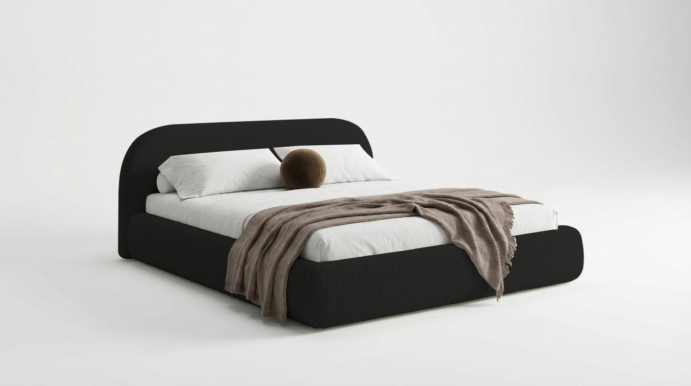 Design gestoffeerd bed Luma in Bouclé met opbergruimte