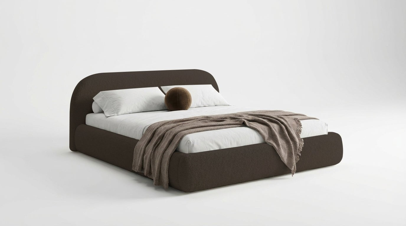 Design gestoffeerd bed Luma in Bouclé met opbergruimte