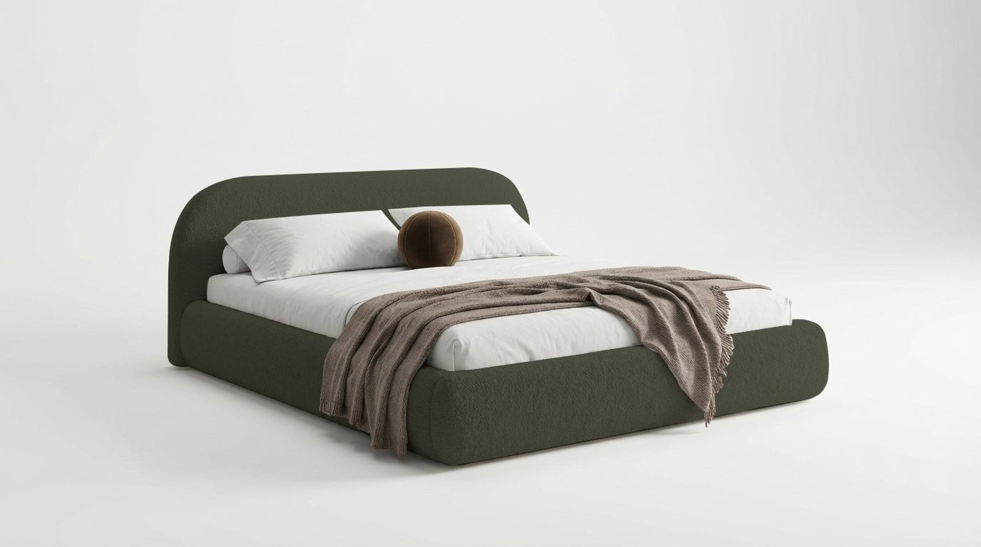 Design gestoffeerd bed Luma in Bouclé met opbergruimte