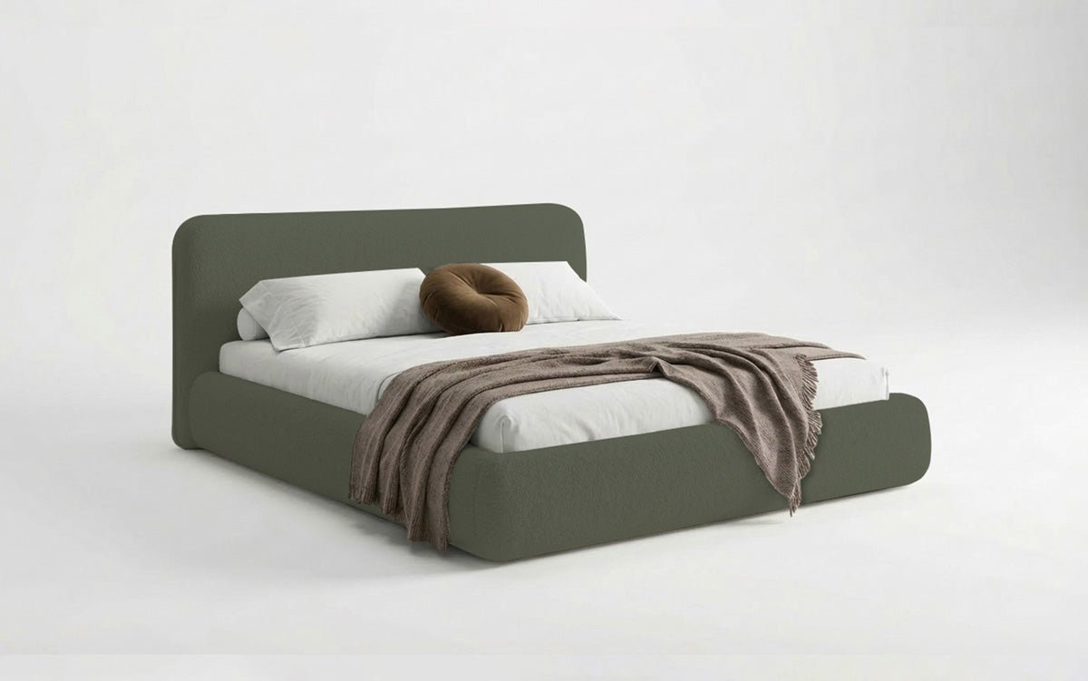 Design gestoffeerd bed Arosa in Bouclé met opbergruimte