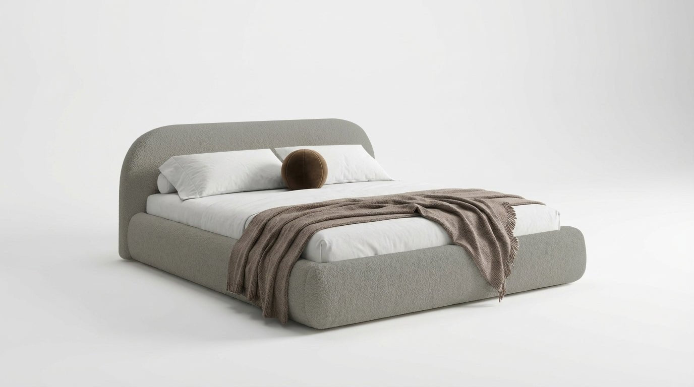 Design gestoffeerd bed Luma in Bouclé met opbergruimte