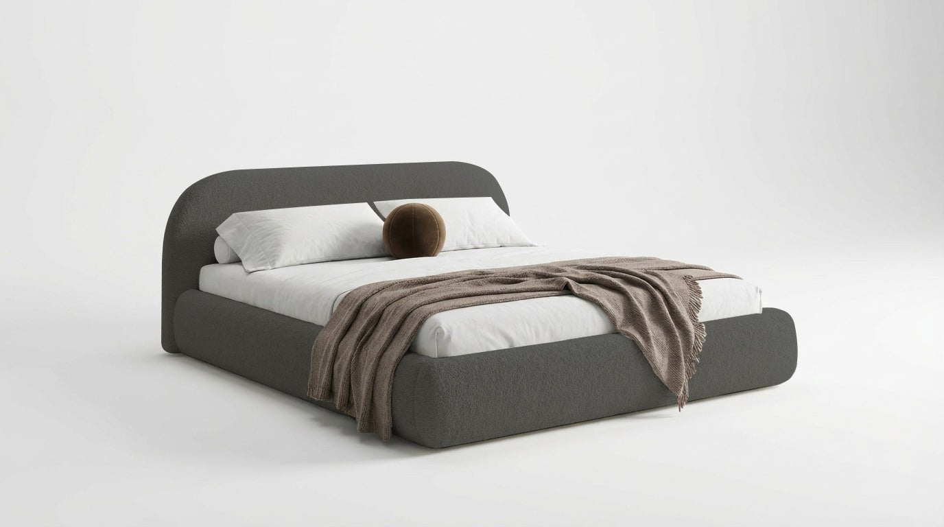 Design gestoffeerd bed Luma in Bouclé met opbergruimte