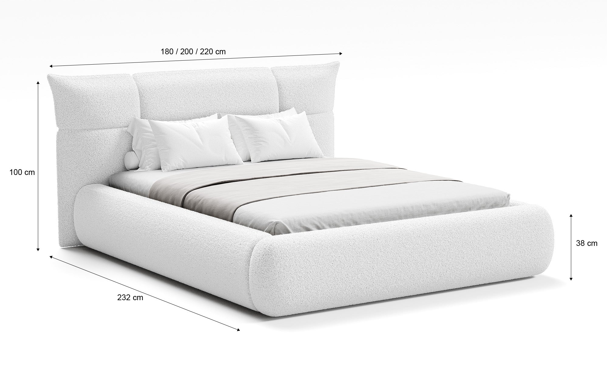 Designer gestoffeerd bed Gioia in Teddystof Bouclé met opbergruimte